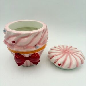 Cute Cupcake Ceramic Canister Cookie Jar Lid Pink Swirl Red Bow Heart Accents